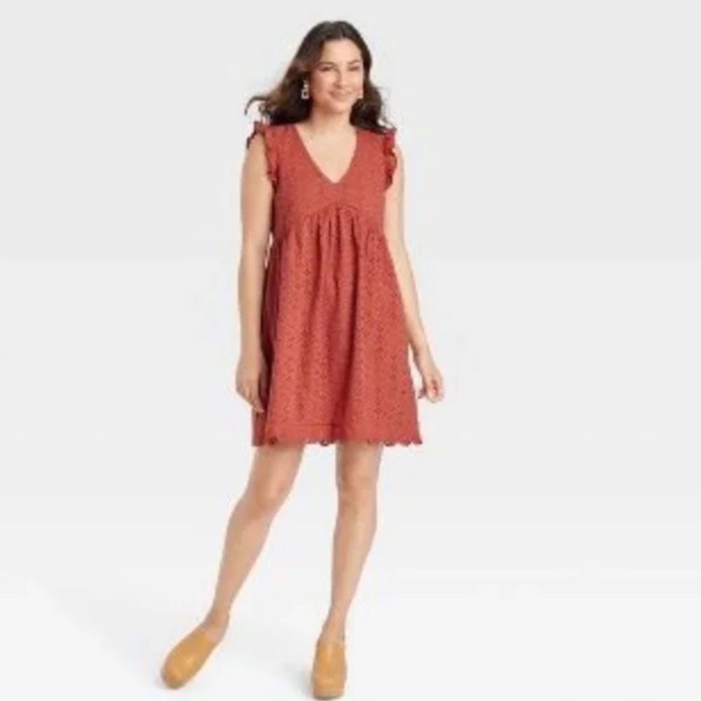 Knox Rose Burnt Orange Eyelet Flutter Sleeve V-Neck Dress Size XS